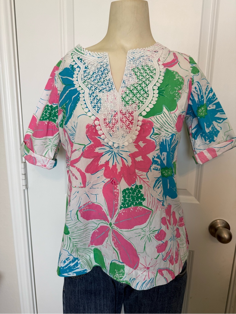 Talbots 100% Cotton Lace Bib Tunic - Anguilla Floral Print Blouse